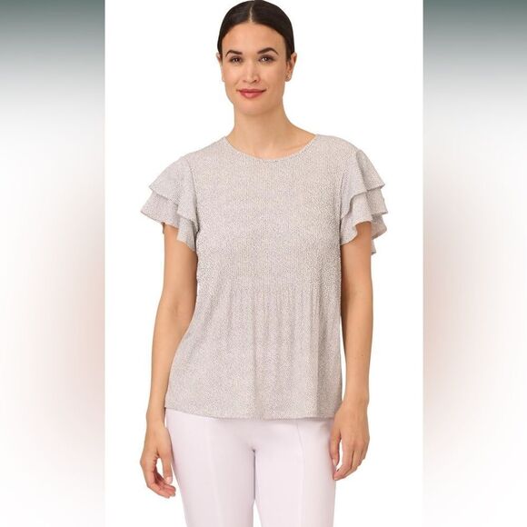 Adrianna Papell Ivory/black dot pleated knit double sleeve top size M - Picture 1 of 8